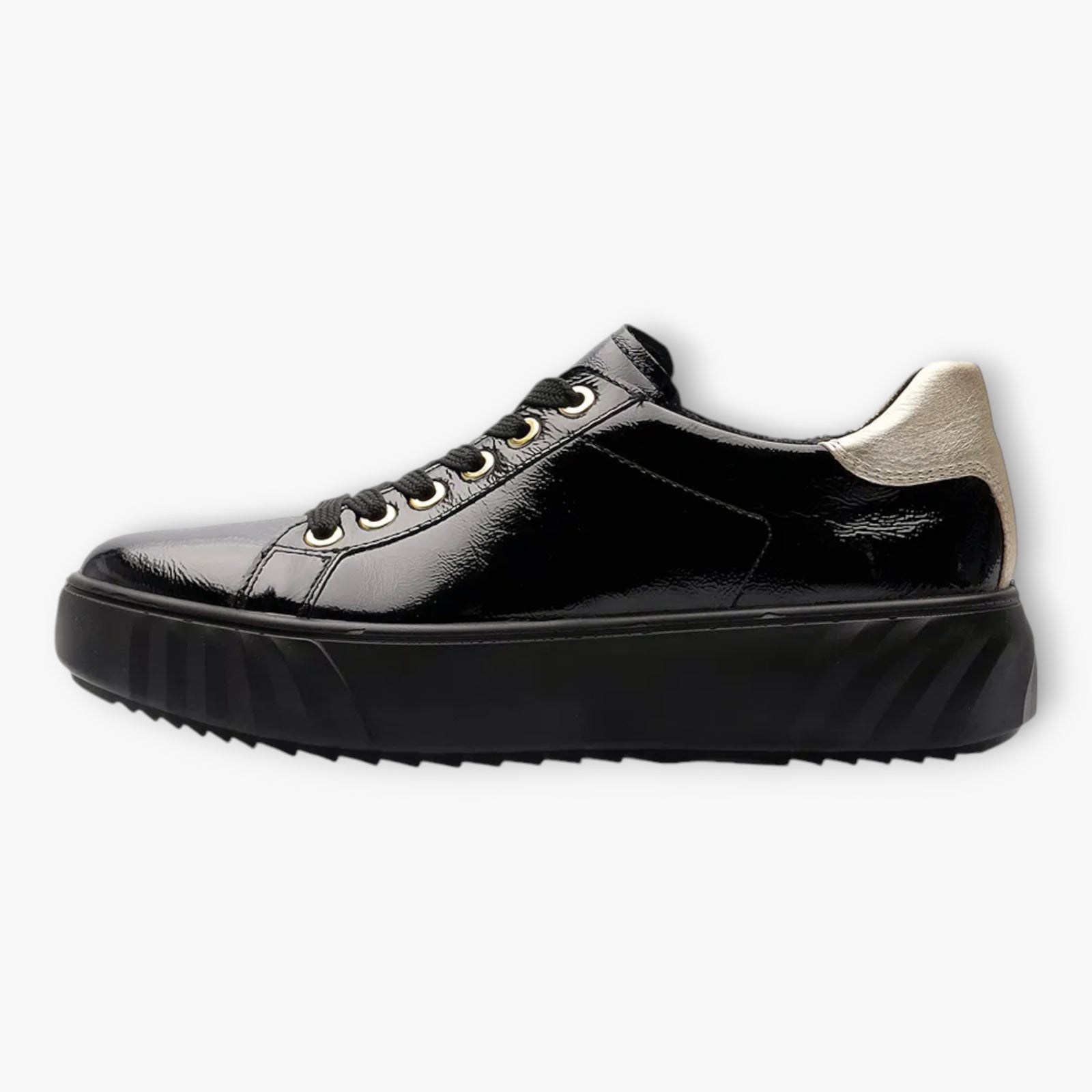 Ara Wide Fit Black Patent Trainer with Gold Heel Detail - Leavys Shoes