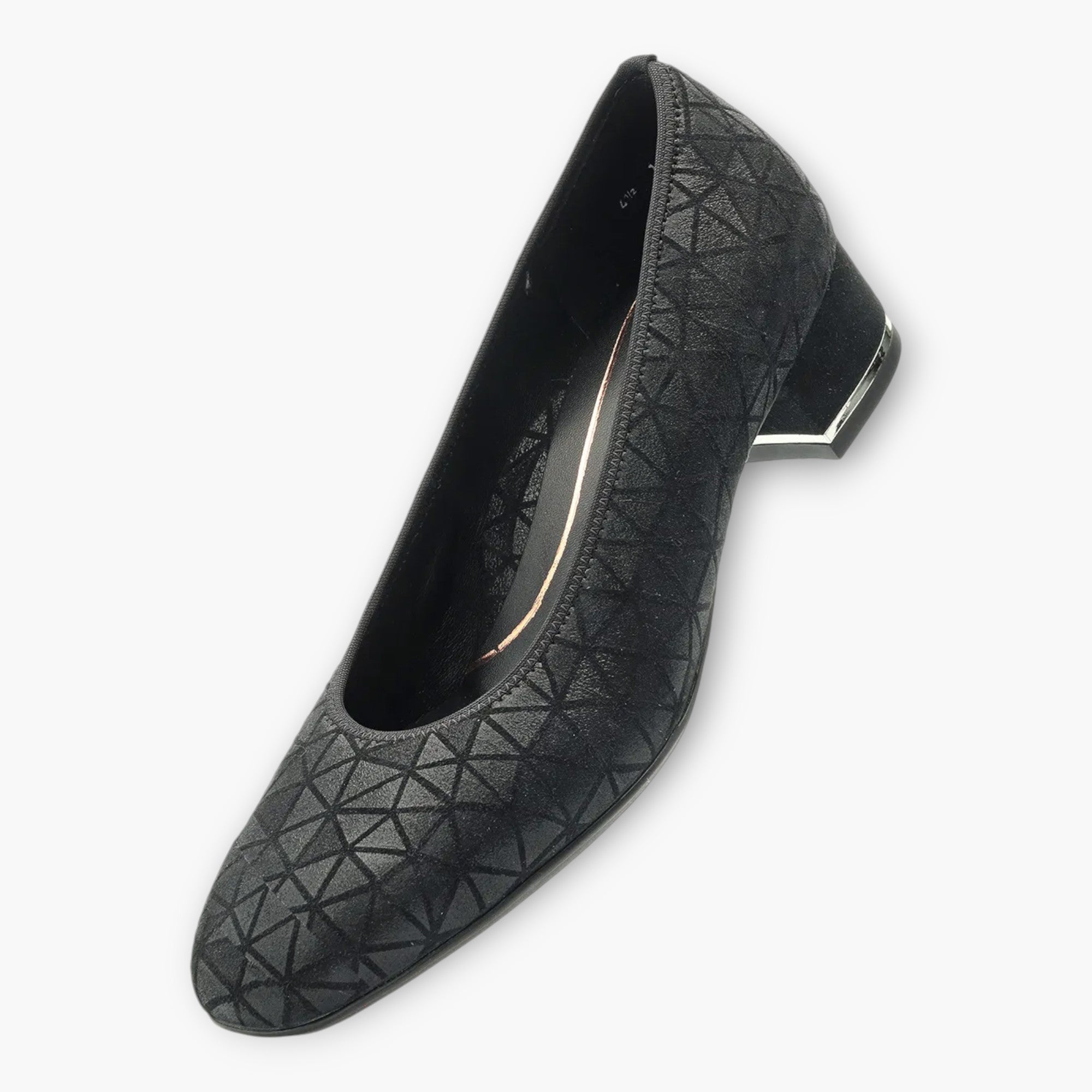 Ara Black Leather Court Shoes with Geometric Design and Silver Heel Detail - Leavys Shoes