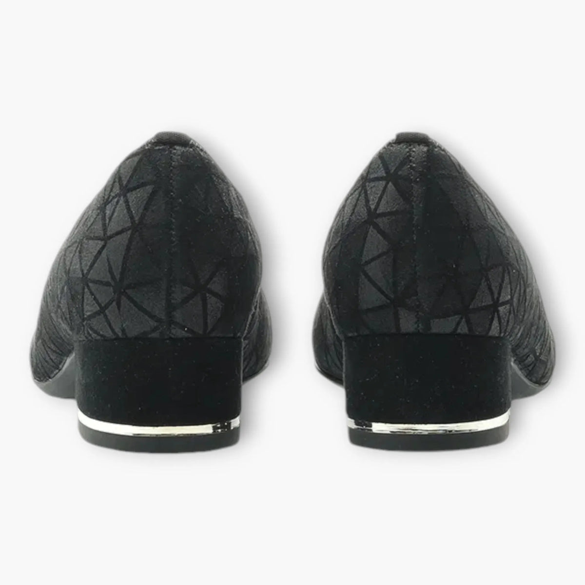 Ara Black Leather Court Shoes with Geometric Design and Silver Heel Detail - Leavys Shoes