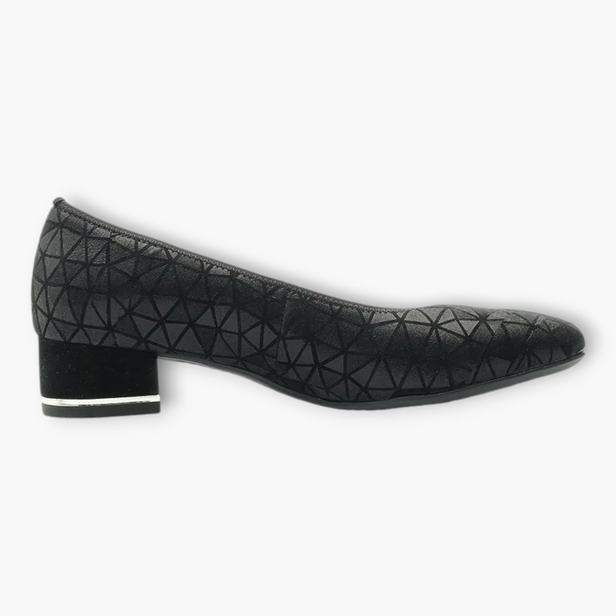 Ara Black Leather Court Shoes with Geometric Design and Silver Heel Detail - Leavys Shoes