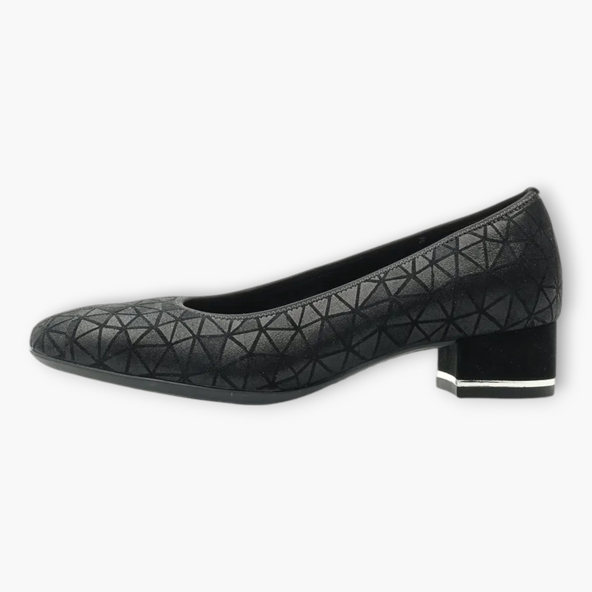 Ara Black Leather Court Shoes with Geometric Design and Silver Heel Detail - Leavys Shoes