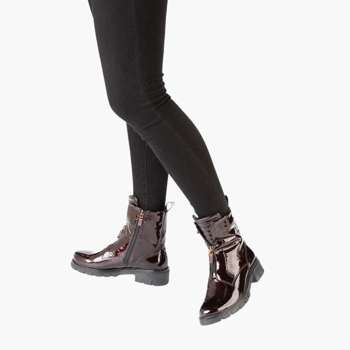 Ara Red Patent Boots with Front Zip, Pull Tab & Chunky Sole - Wide Fit, Comfort Focused - Leavys Shoes