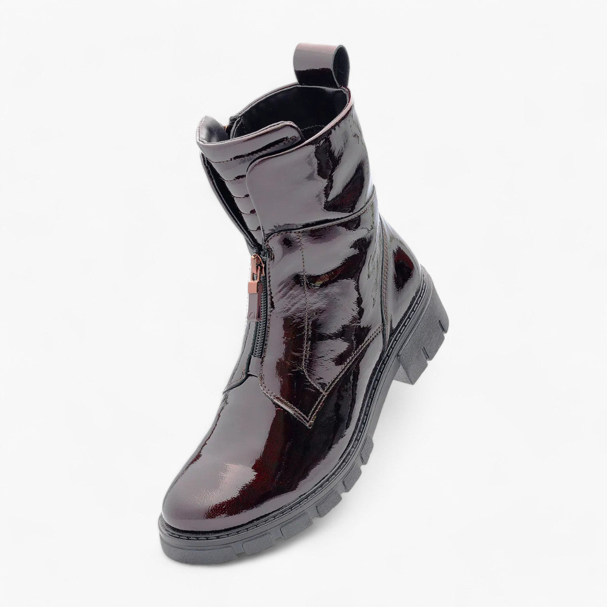 Ara Red Patent Boots with Front Zip, Pull Tab & Chunky Sole - Wide Fit, Comfort Focused - Leavys Shoes