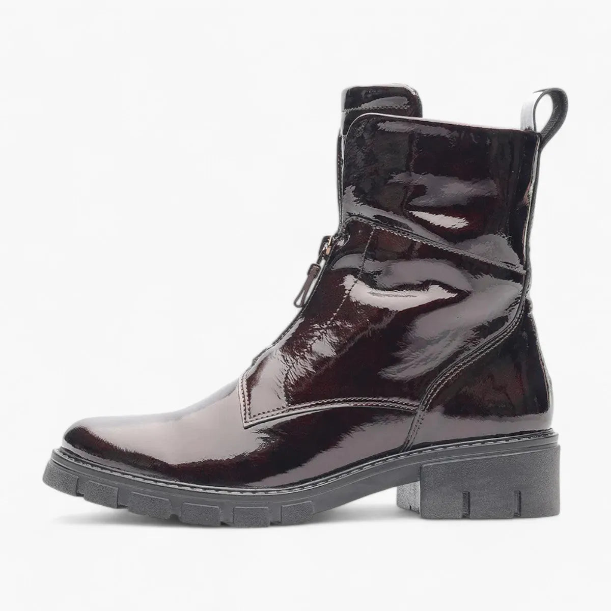 Ara Red Patent Boots with Front Zip, Pull Tab &amp; Chunky Sole - Wide Fit, Comfort Focused - Leavys Shoes