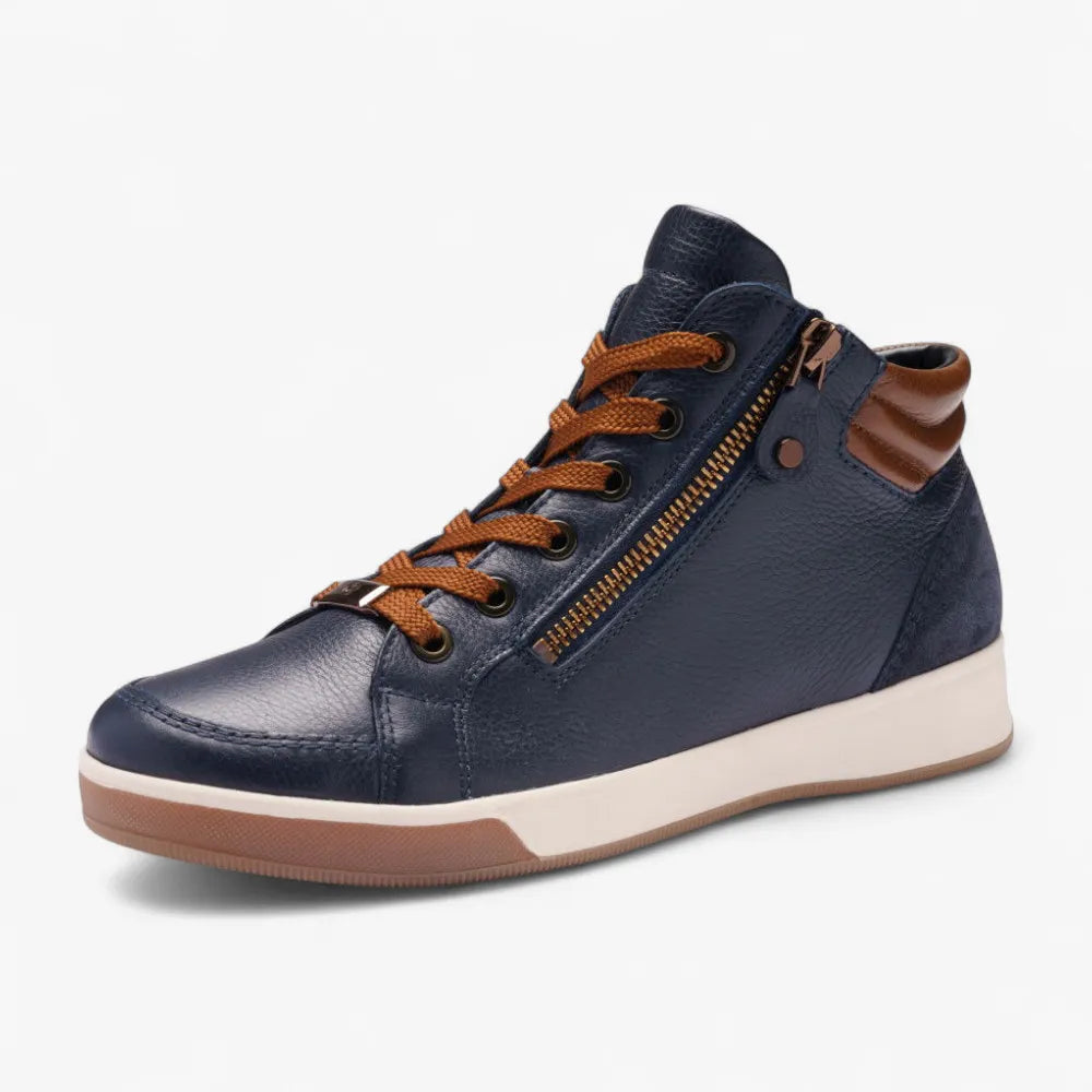 Navy high-top sneaker with brown laces and accents on a white background