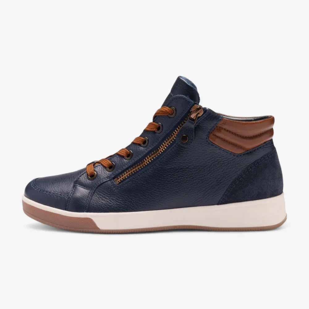 Navy blue sneaker with brown accents on a white background