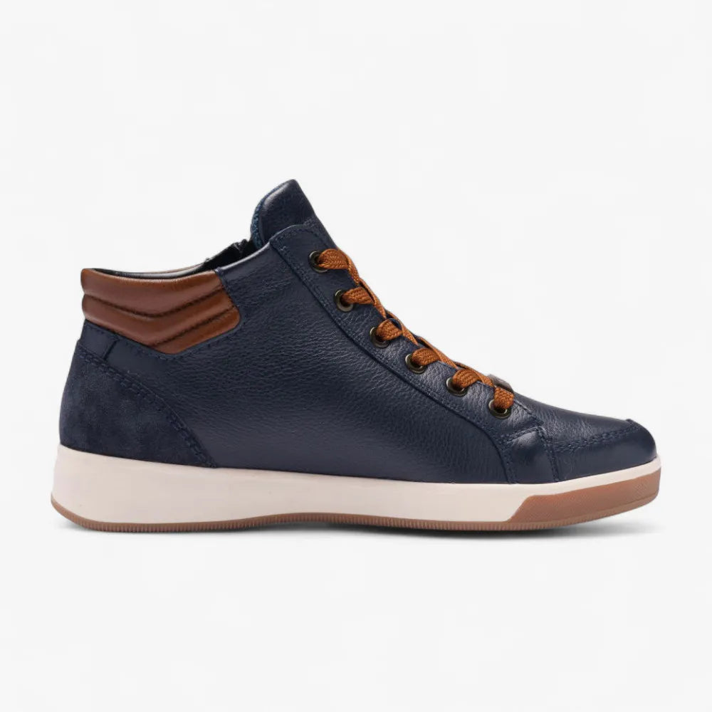 Navy high-top sneaker with brown accents on a white background