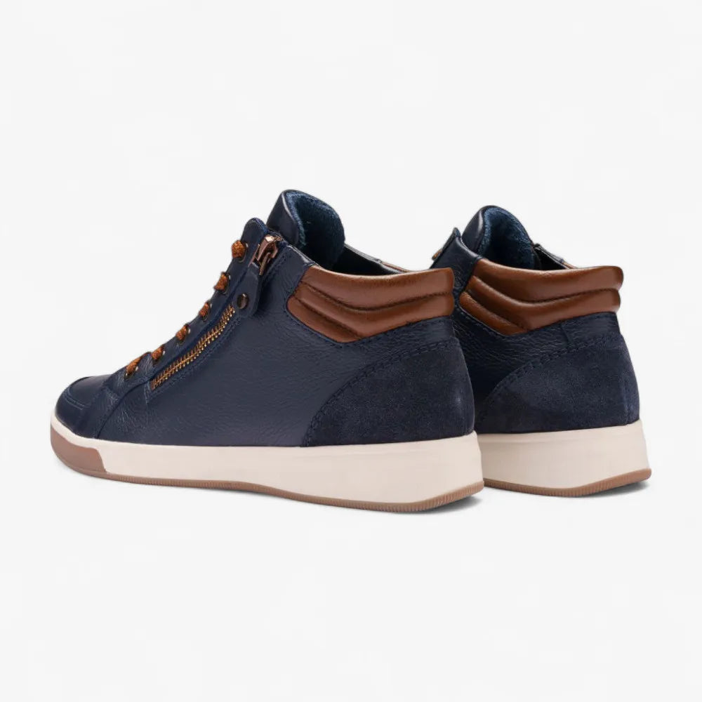 Navy high-top sneakers with brown accents on a white background