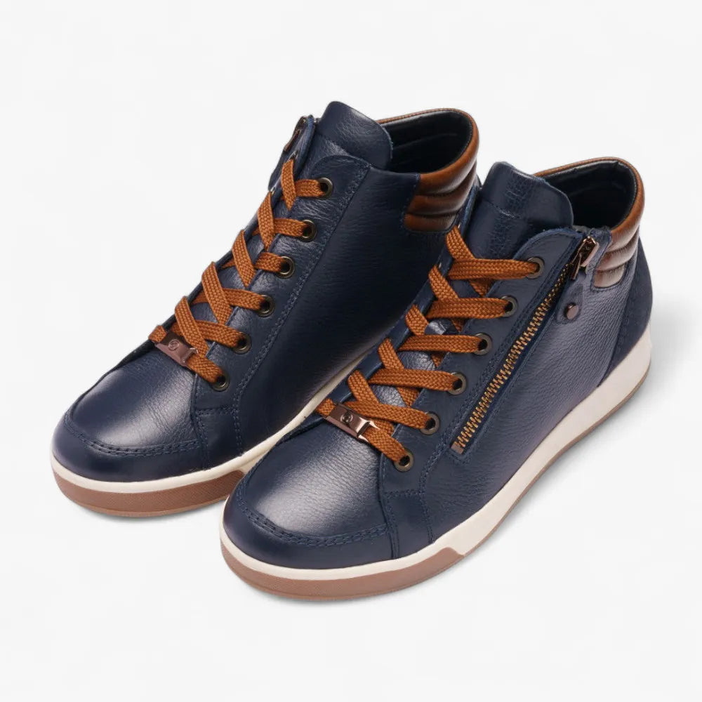 Pair of navy high-top sneakers with brown laces and accents on a white background