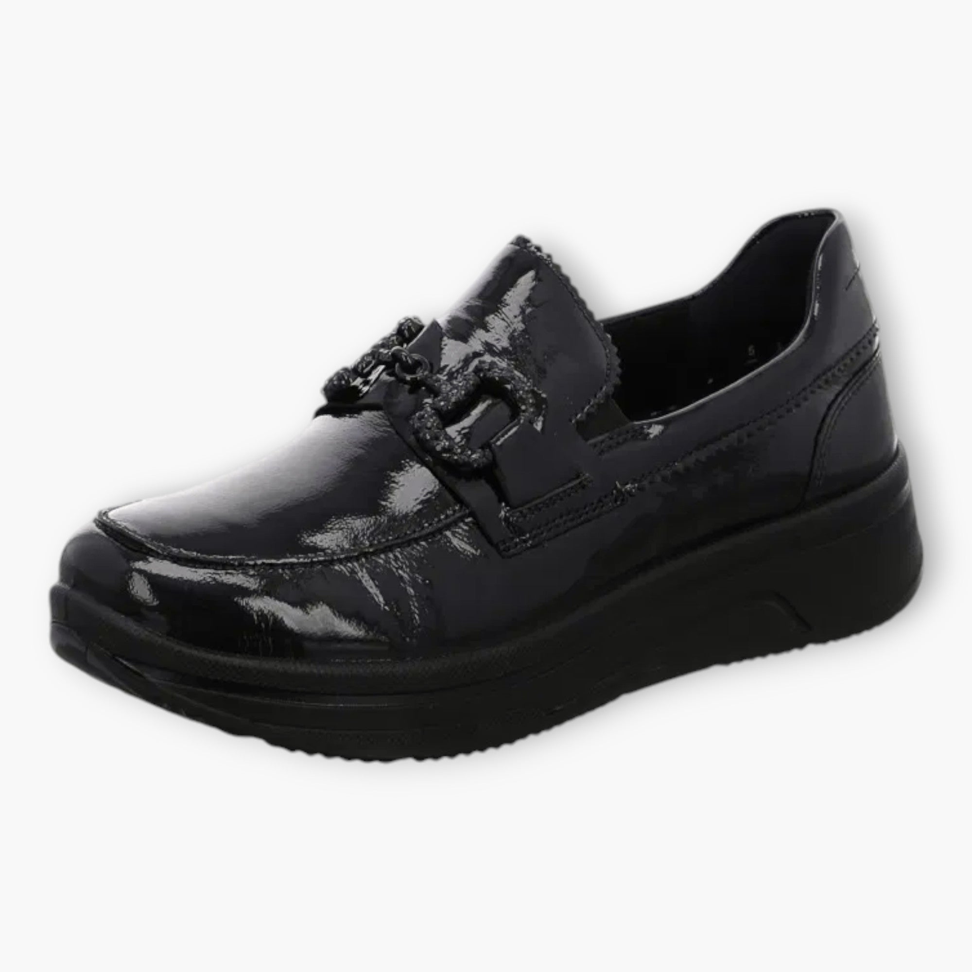 Ara Black Patent Loafers with Chain Detail & Wedge Sole - Wide Fit & Comfortable - Leavys Shoes