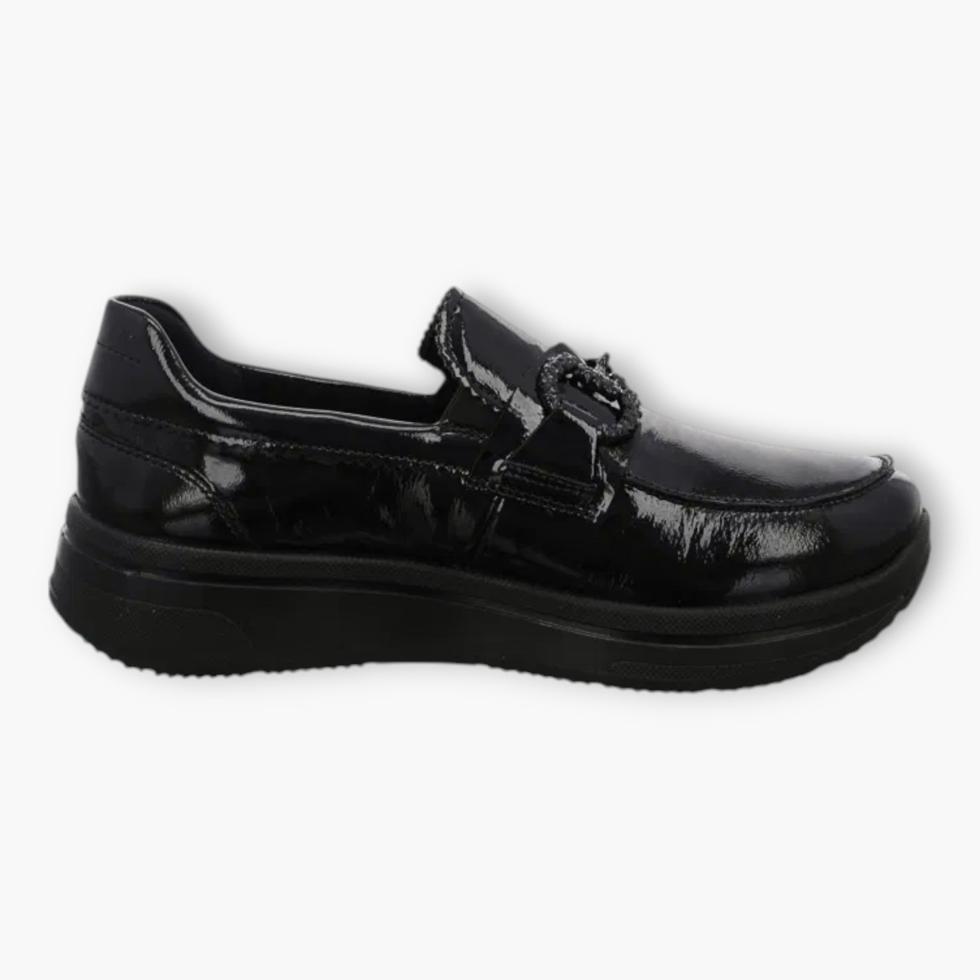 Ara Black Patent Loafers with Chain Detail & Wedge Sole - Wide Fit & Comfortable