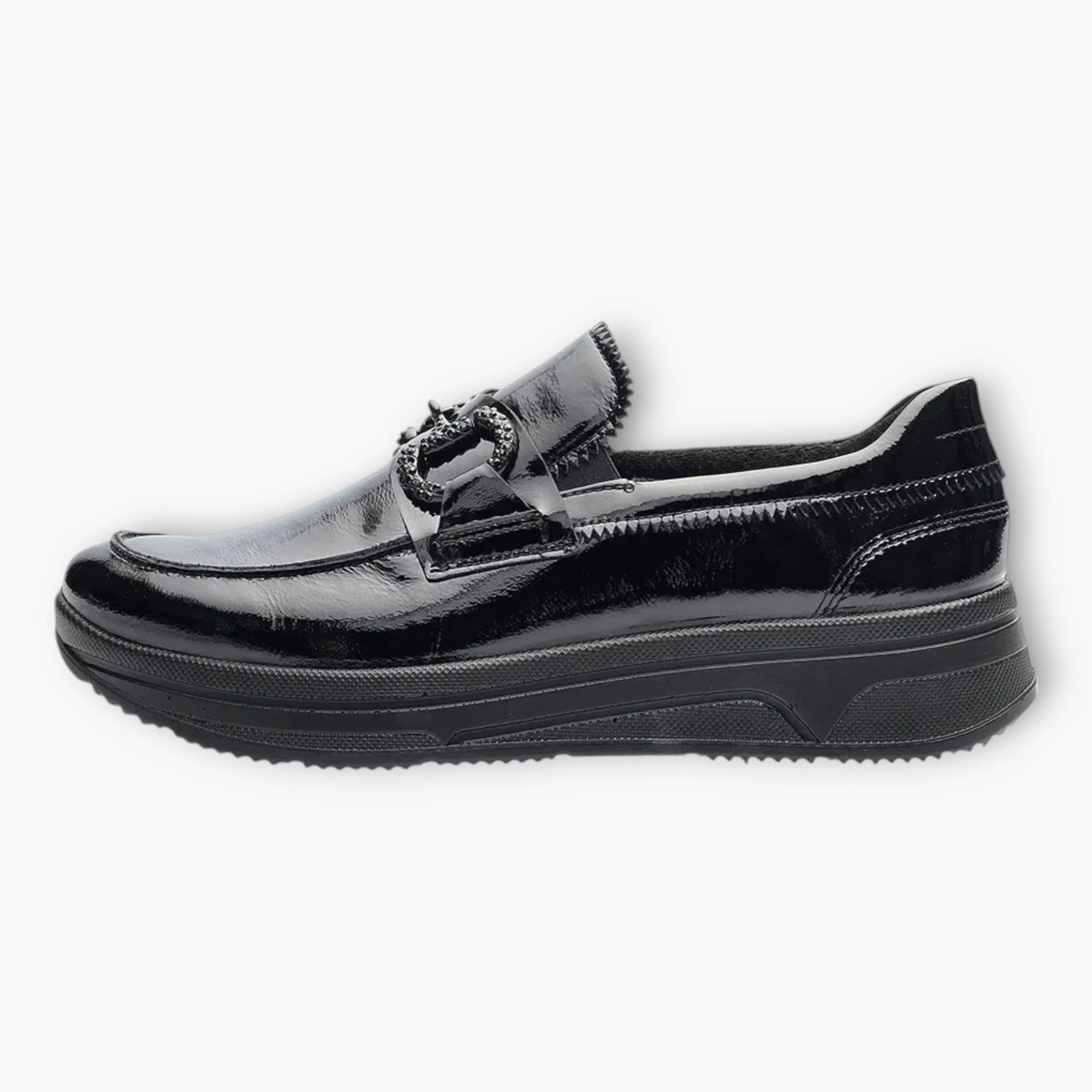 Ara Black Patent Loafers with Chain Detail & Wedge Sole - Wide Fit & Comfortable