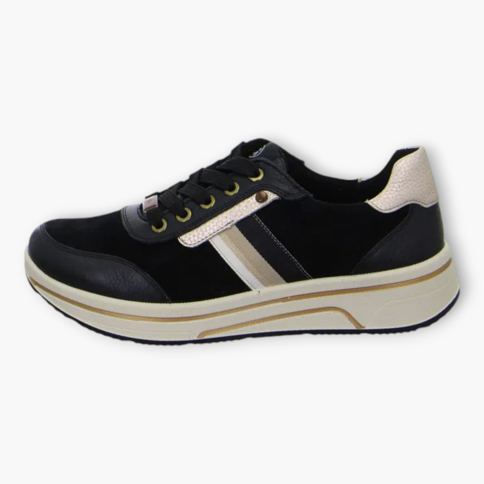 Ara Black Trainers with Beige Details & Wedge Sole - Wide Fit & Comfortable