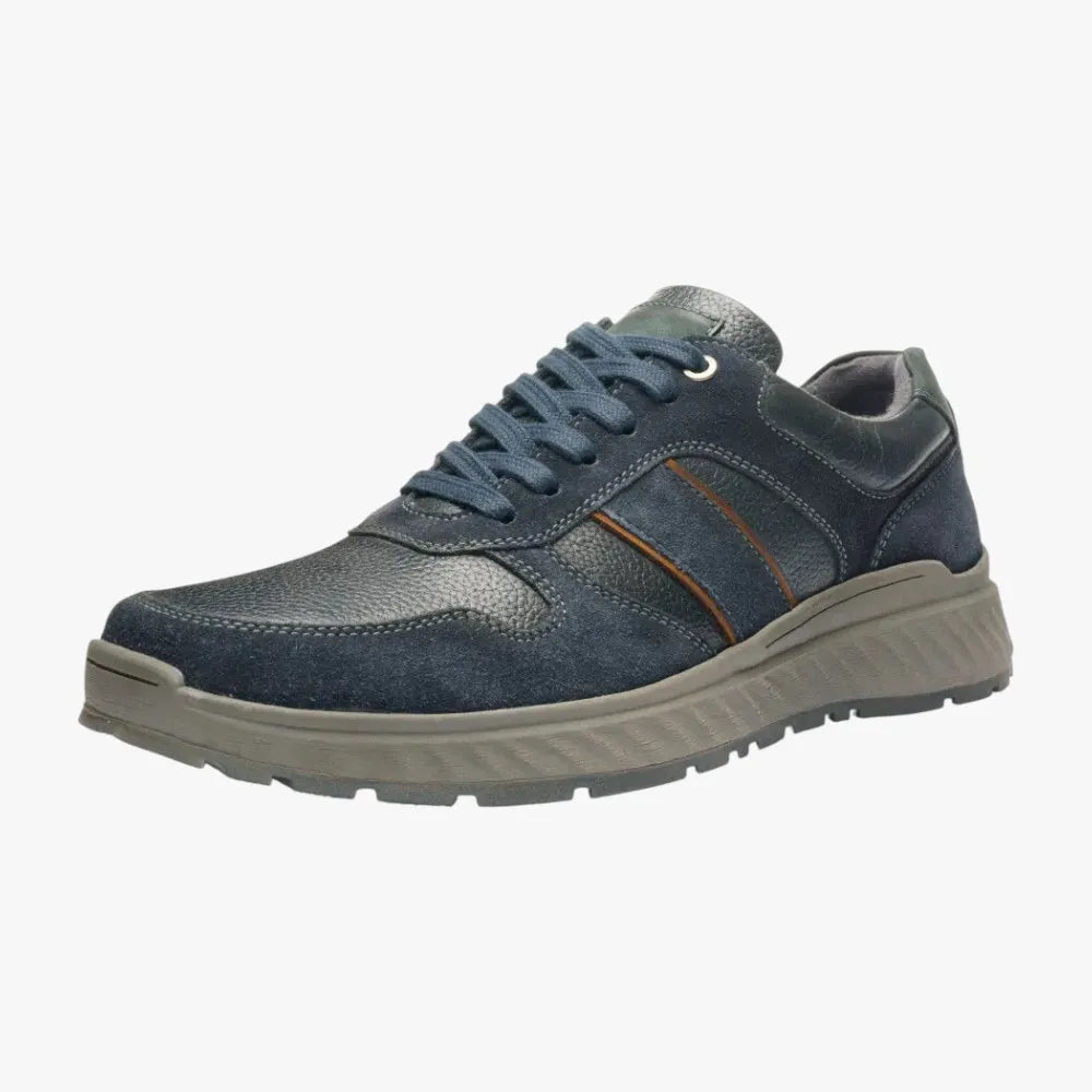 Blue sneaker with a gray sole on a white background