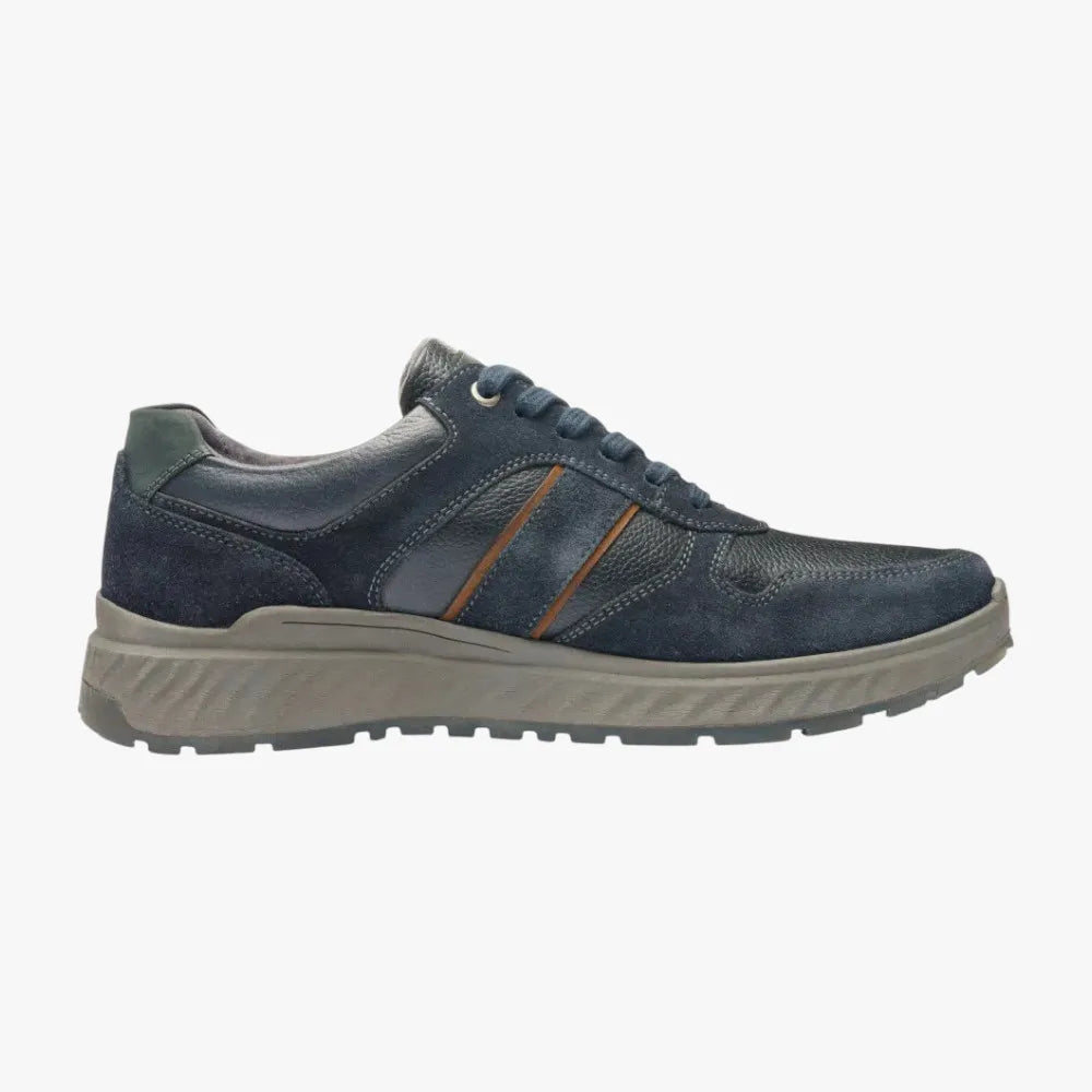 Navy blue sneaker with a white background