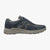 Navy blue sneaker with a white background