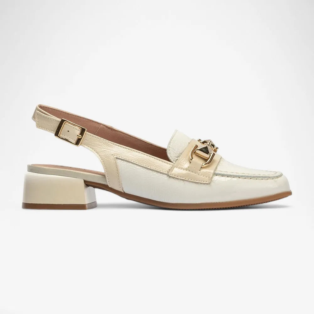 Pitillos María Slingback Loafer – Glacial Patent Mix, Gold Bar Detail