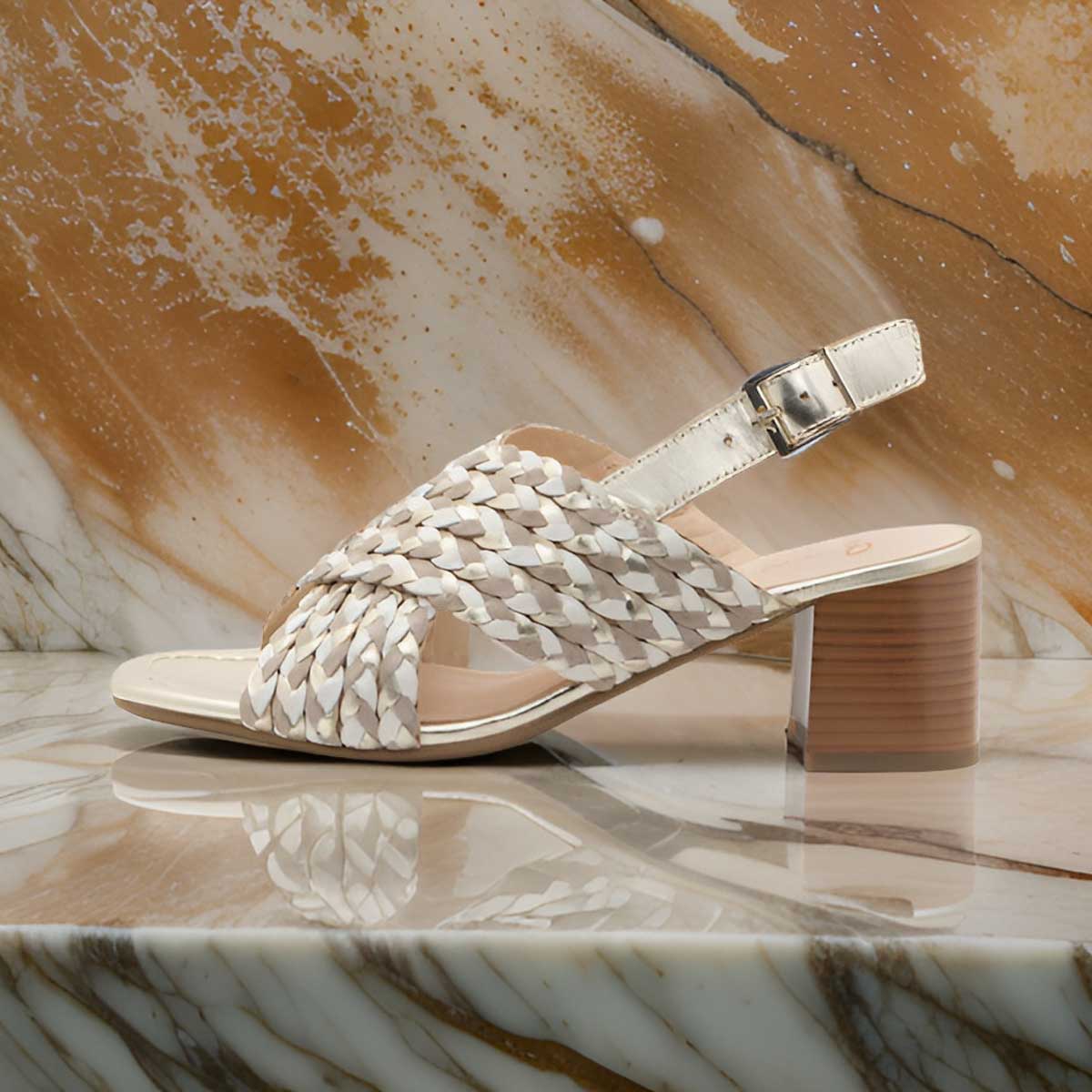 Ara Gold Summer Sandal with Block Heel and Crossover Straps