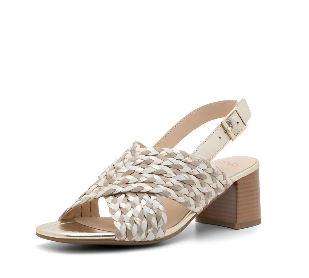Ara Gold Summer Sandal with Block Heel and Crossover Straps
