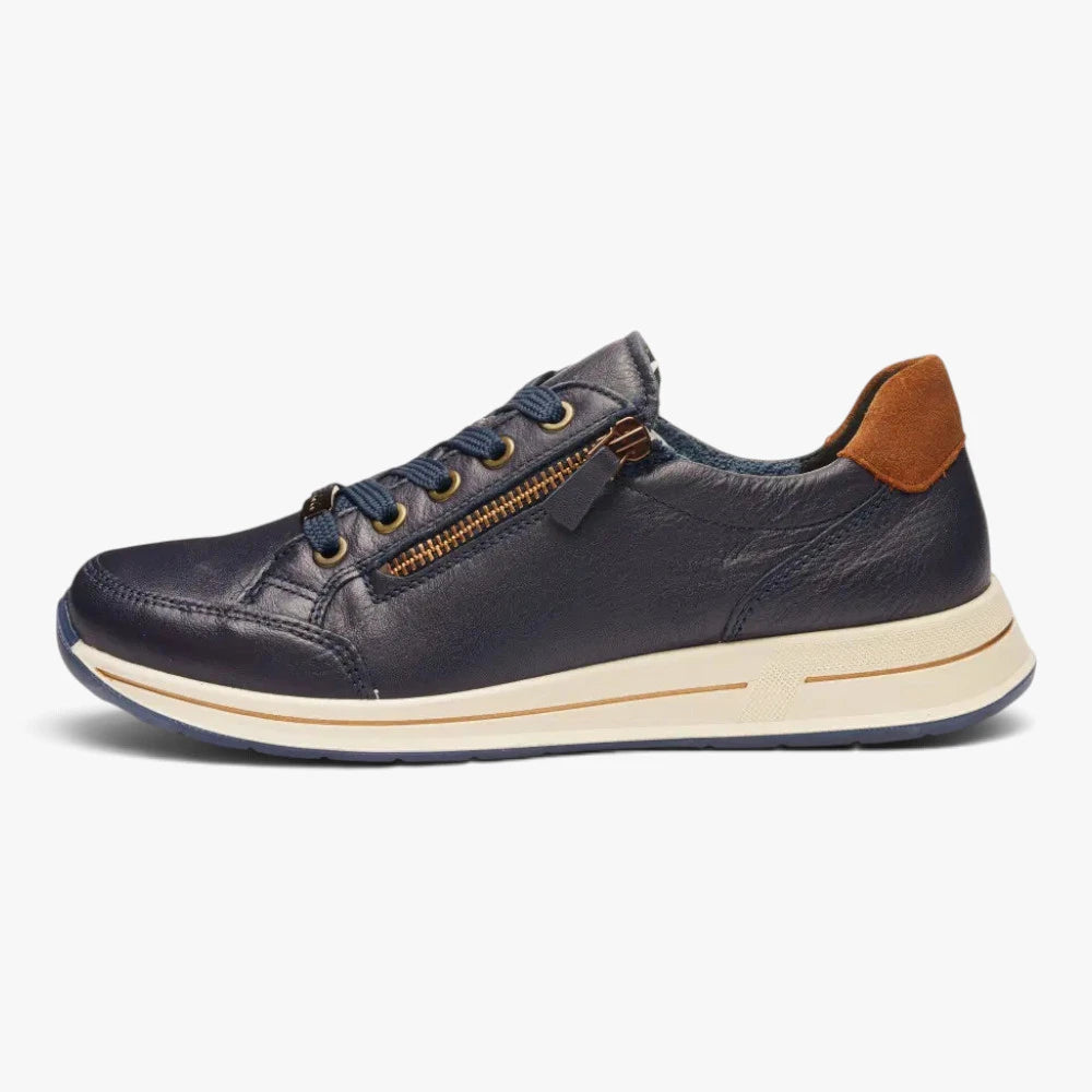 Ara Osaka Navy Leather Wide Fit Trainers with Zip