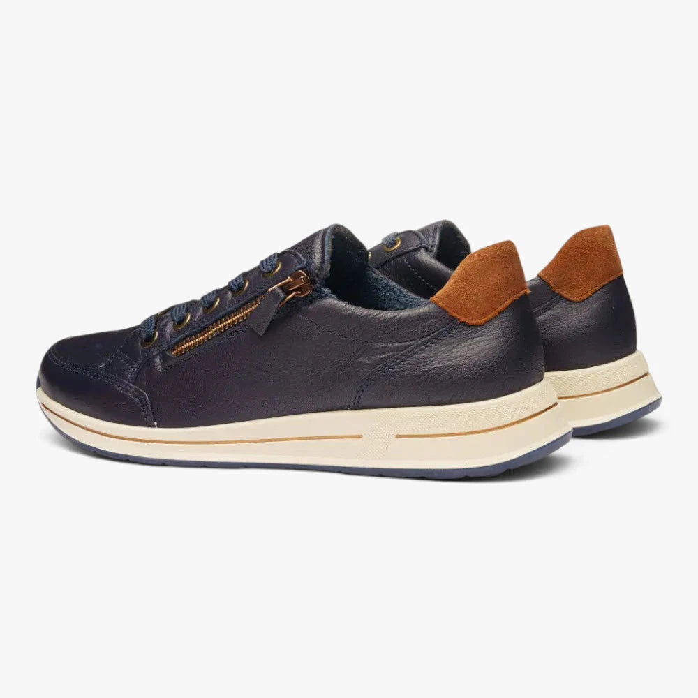 Ara Osaka Navy Leather Wide Fit Trainers with Zip