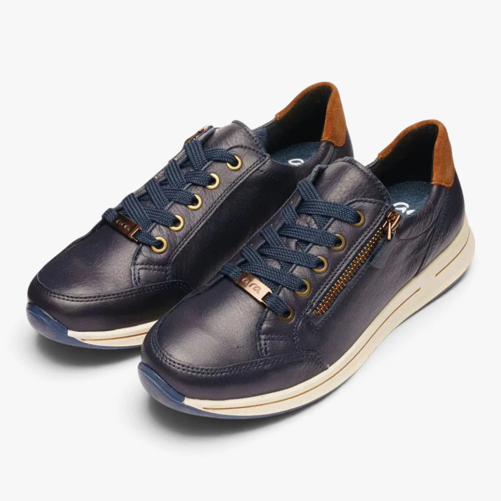 Ara Osaka Navy Leather Wide Fit Trainers with Zip