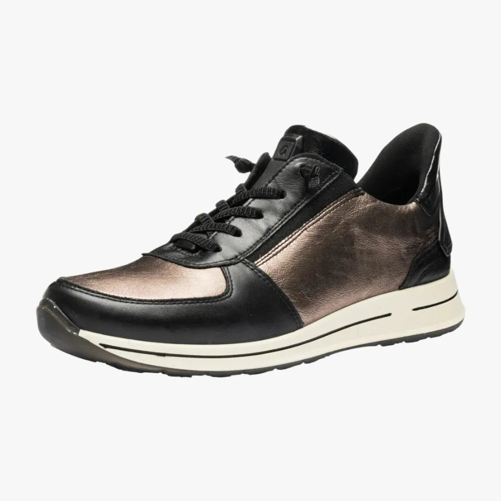 Black and bronze sneaker on a white background