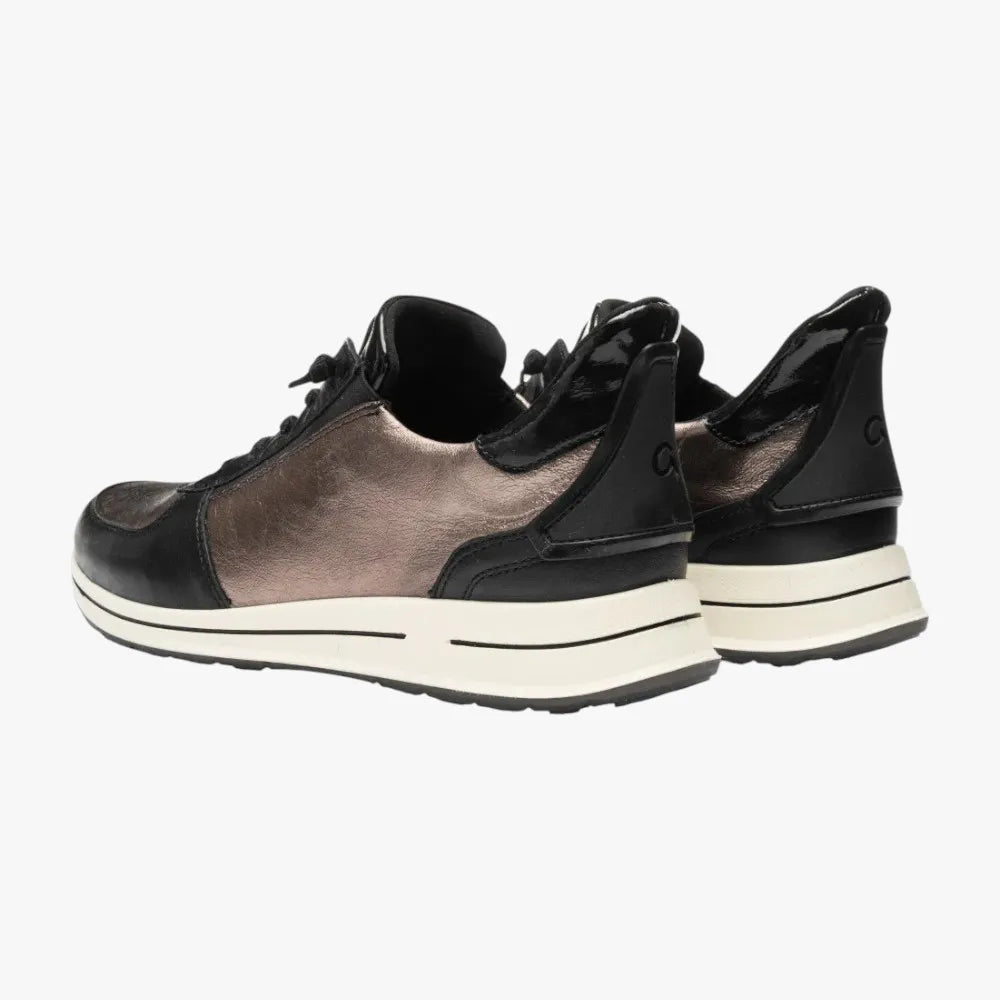 Black and silver sneakers with white soles on a white background