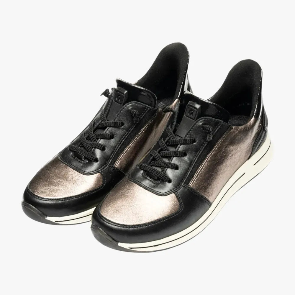 Pair of black and metallic silver sneakers on a white background