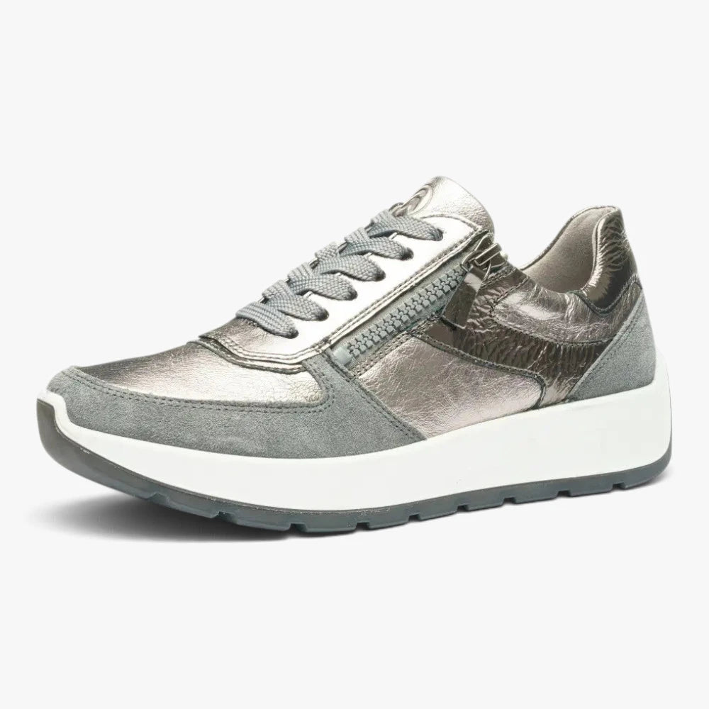 Ara New York Metallic Grey Wide Fit Leather Trainers