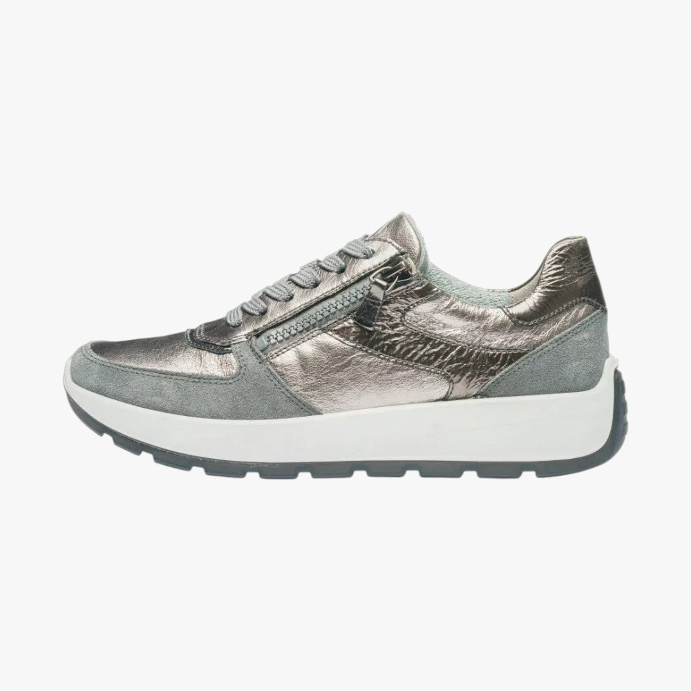 Ara New York Graphite & Steel Leather Trainers (Wide Fit) - Leavys Shoes