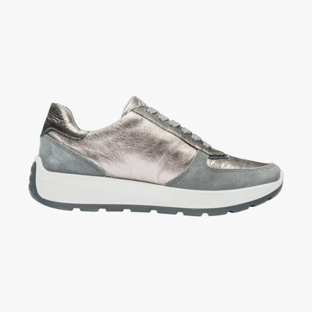 Ara New York Graphite & Steel Leather Trainers (Wide Fit) - Leavys Shoes