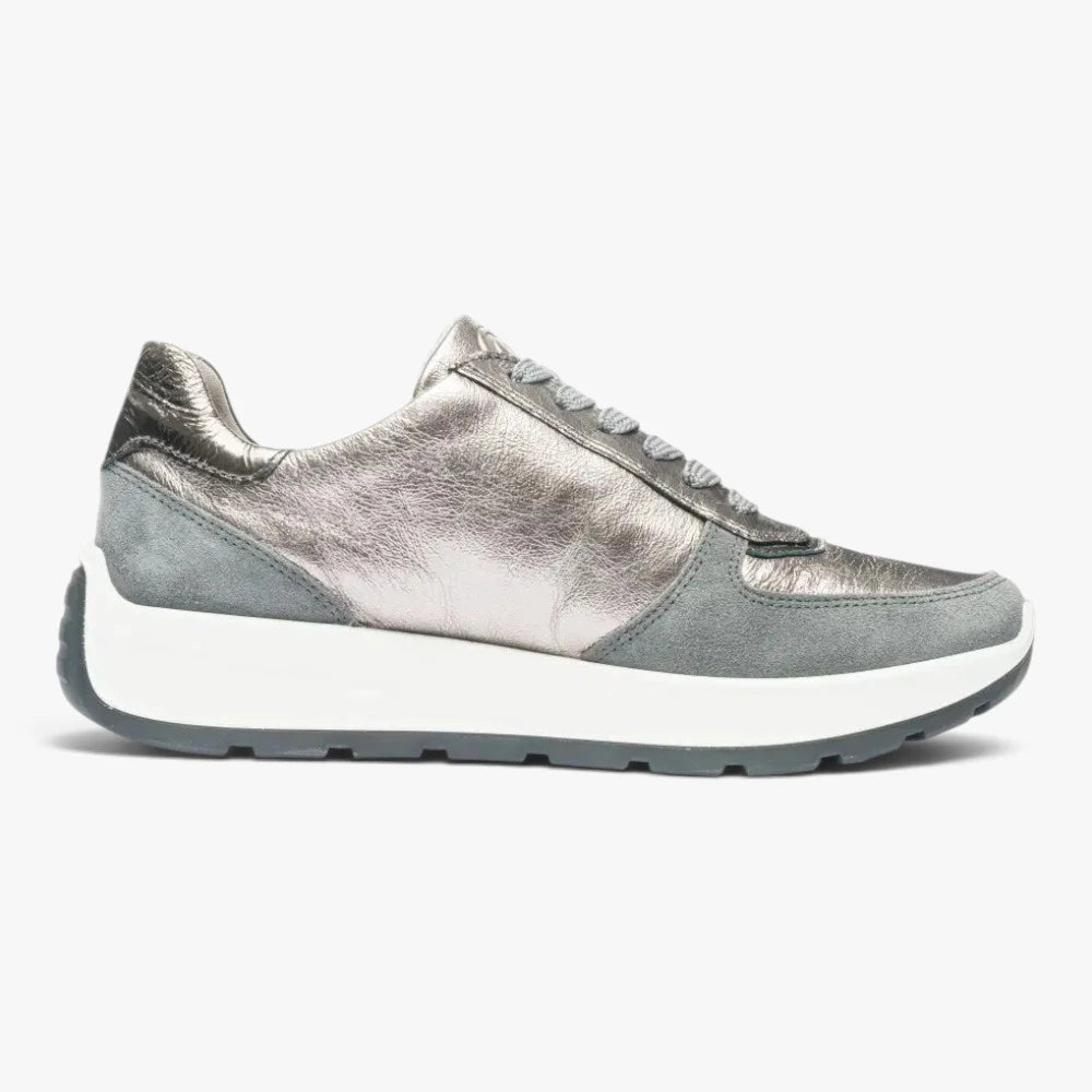 Ara New York Metallic Grey Wide Fit Leather Trainers