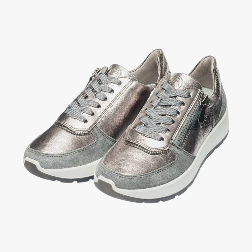 Ara New York Graphite & Steel Leather Trainers (Wide Fit) - Leavys Shoes
