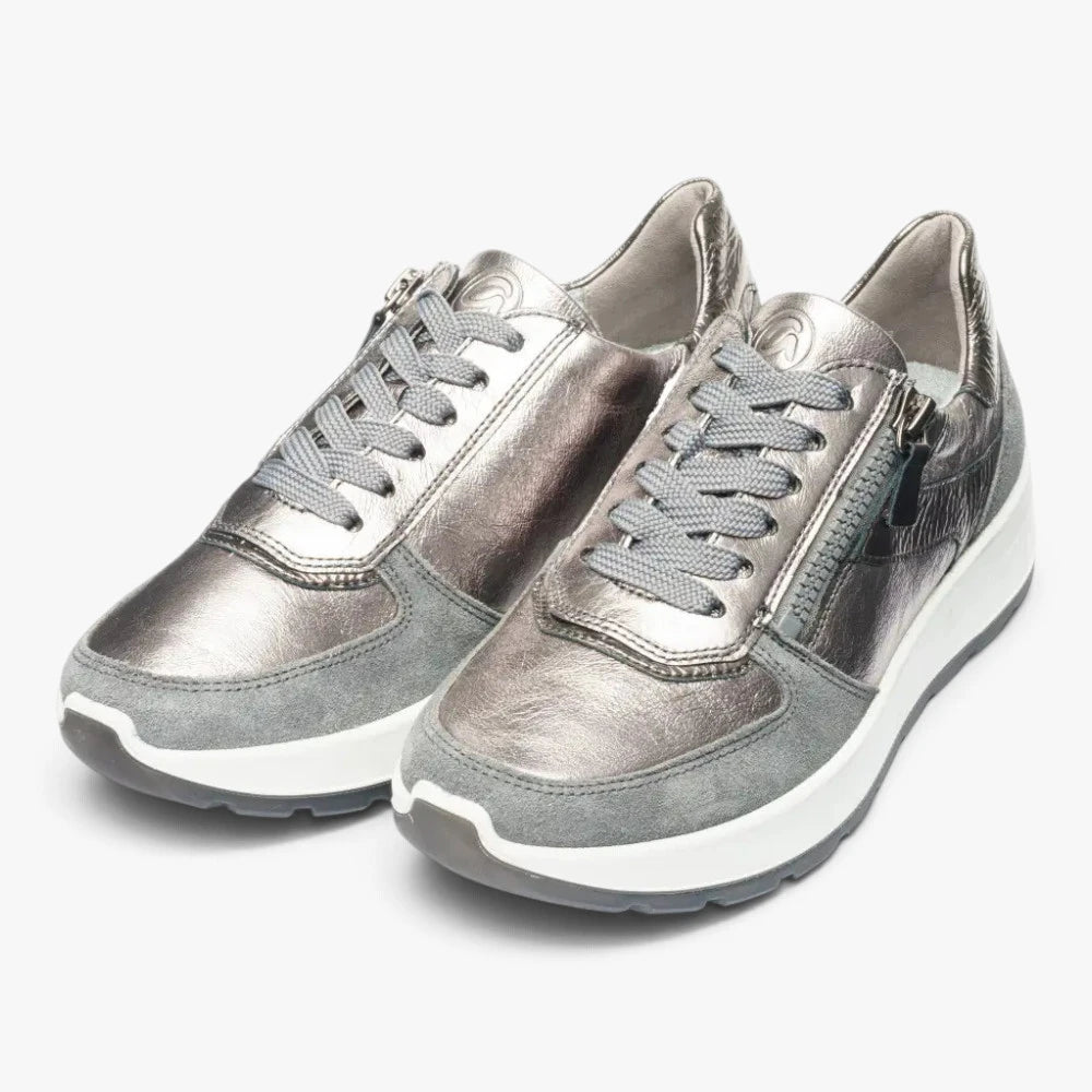 Ara New York Metallic Grey Wide Fit Leather Trainers