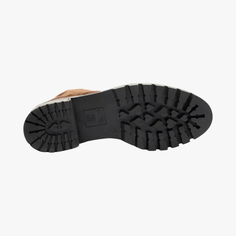 Close-up of a boot sole with tread pattern on a white background