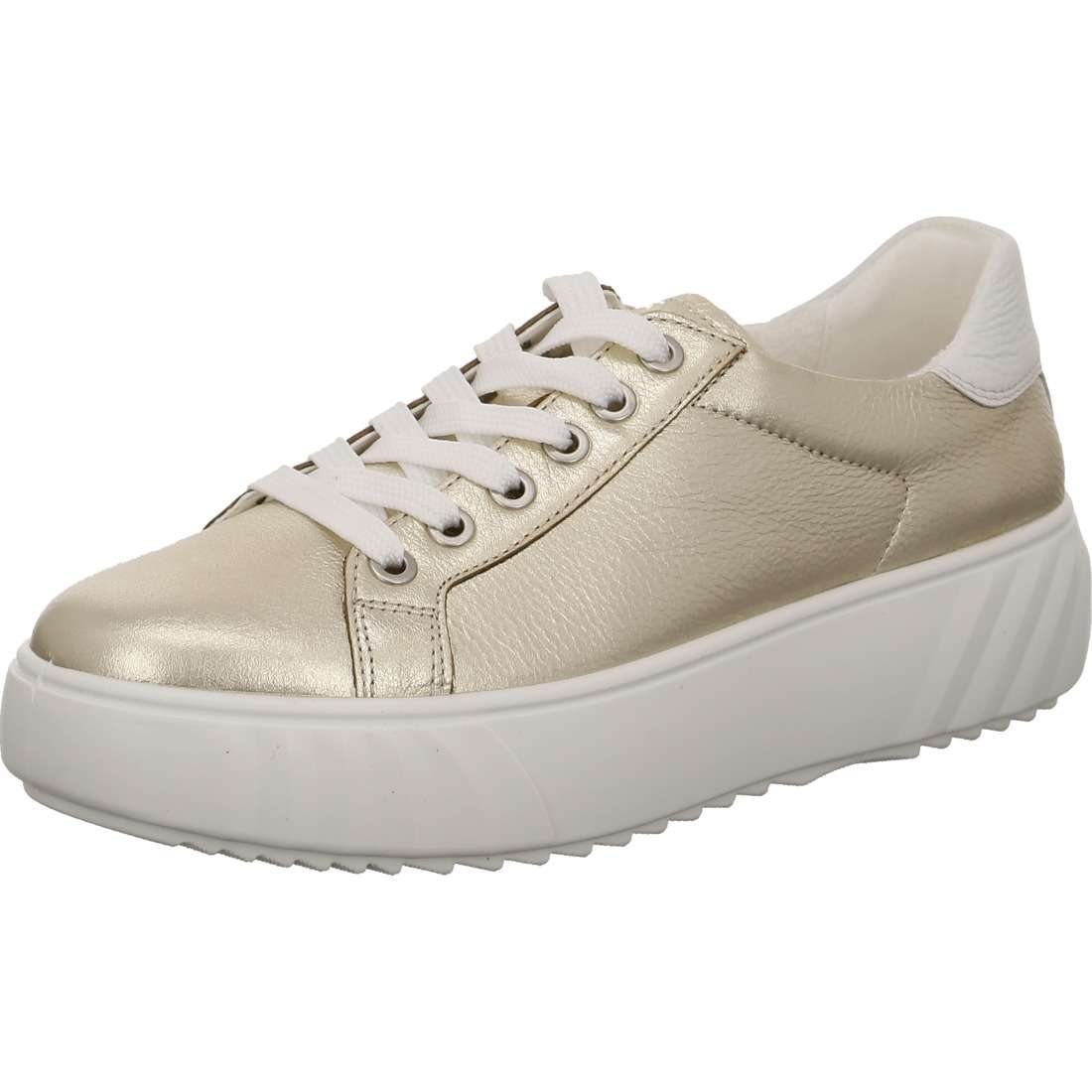 Side angle view showing the off-white sole and gold-coloured upper of the Ara sneaker.