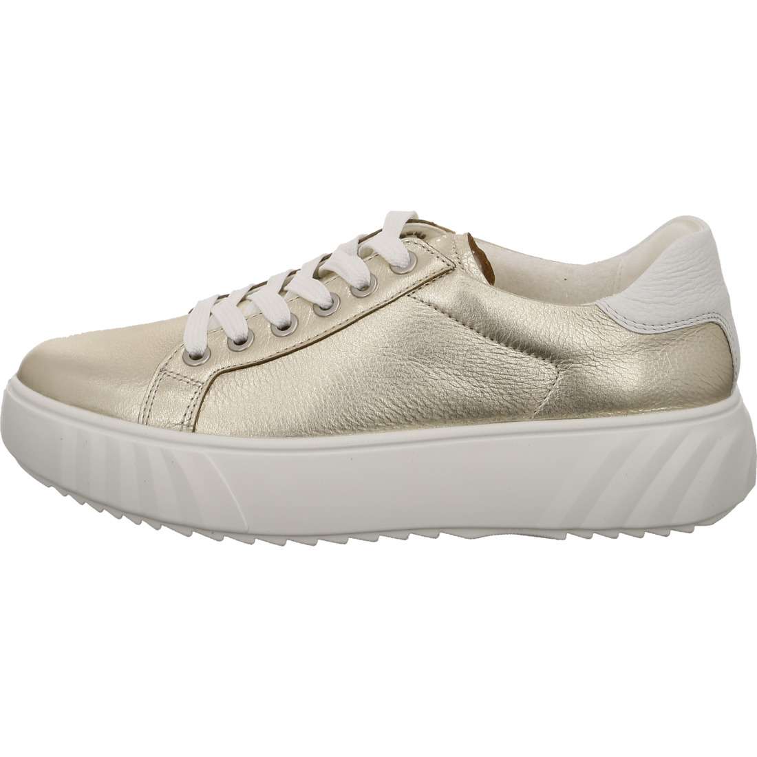     Front view of Ara Monaco gold and white extra wide fit sneaker.