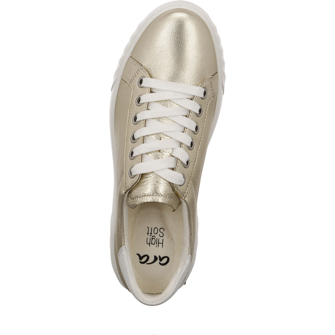 Top view showing the lace fastening and rounded toe of the Ara gold and white sneaker.