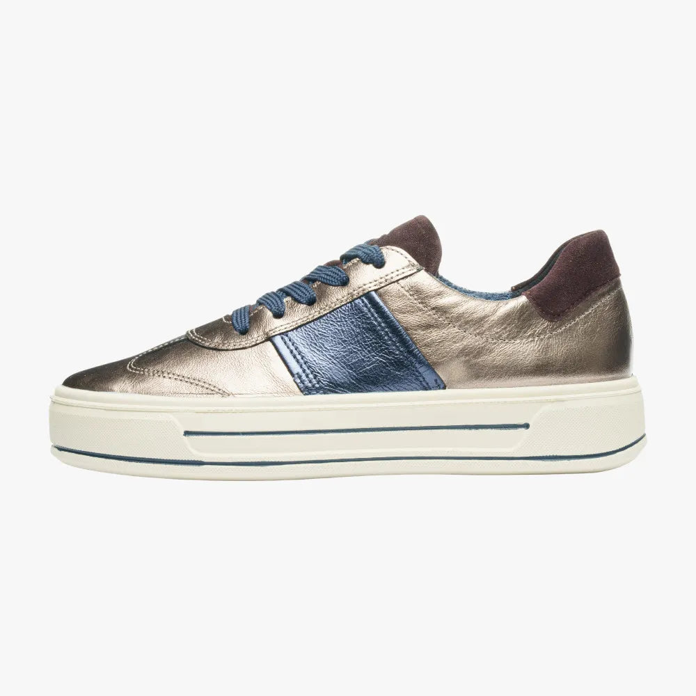 Gold and blue sneaker on a white background