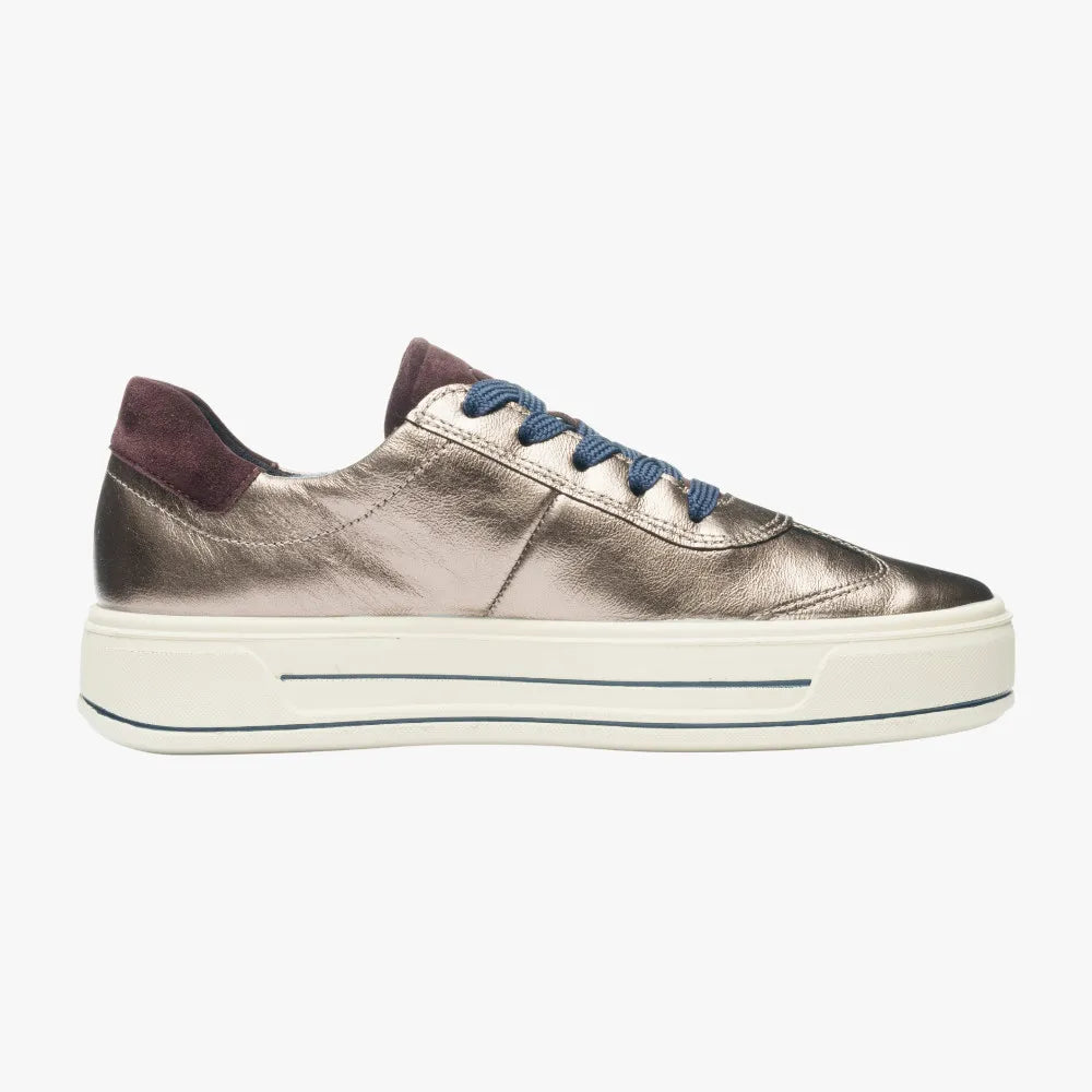 Silver sneaker with dark brown accents on a white background