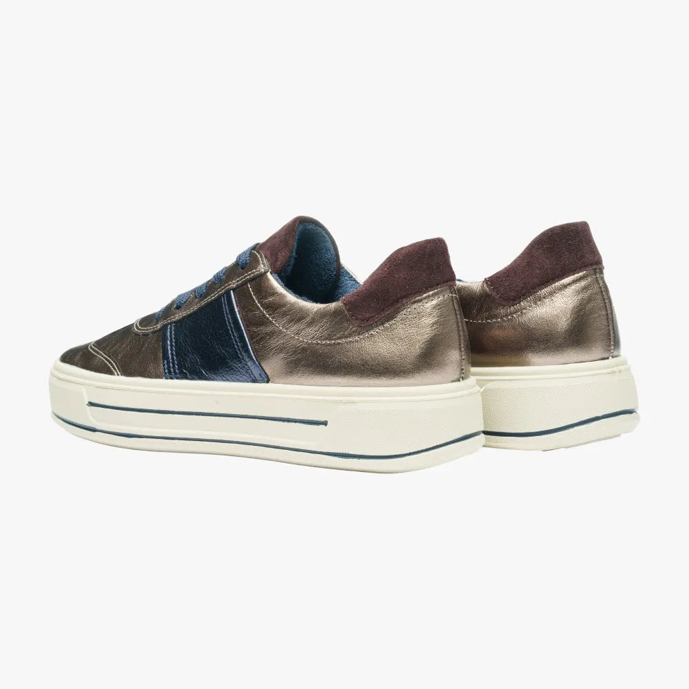 Pair of metallic sneakers with brown and blue accents on a white background