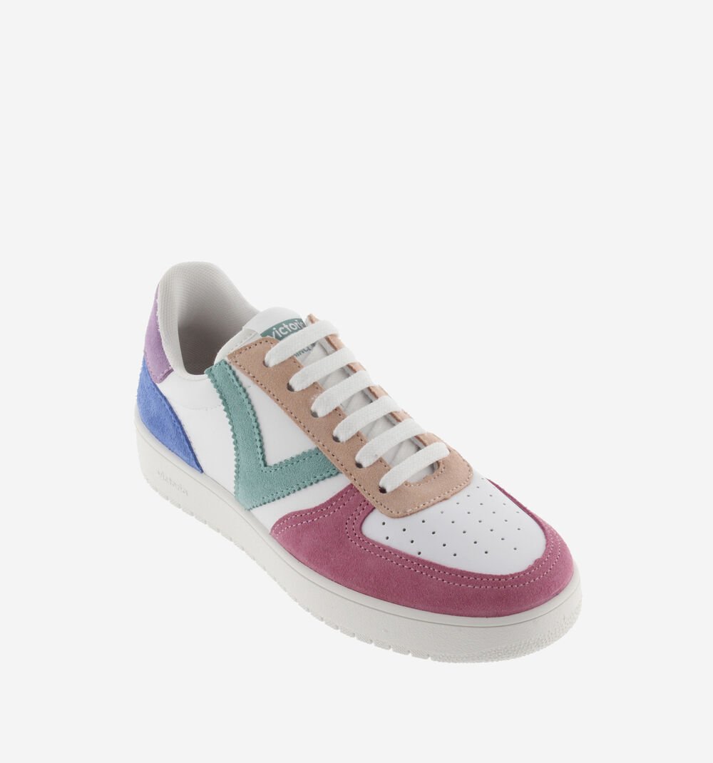 Angle view of Victoria MADRID White Sneaker, displaying the playful color mix.