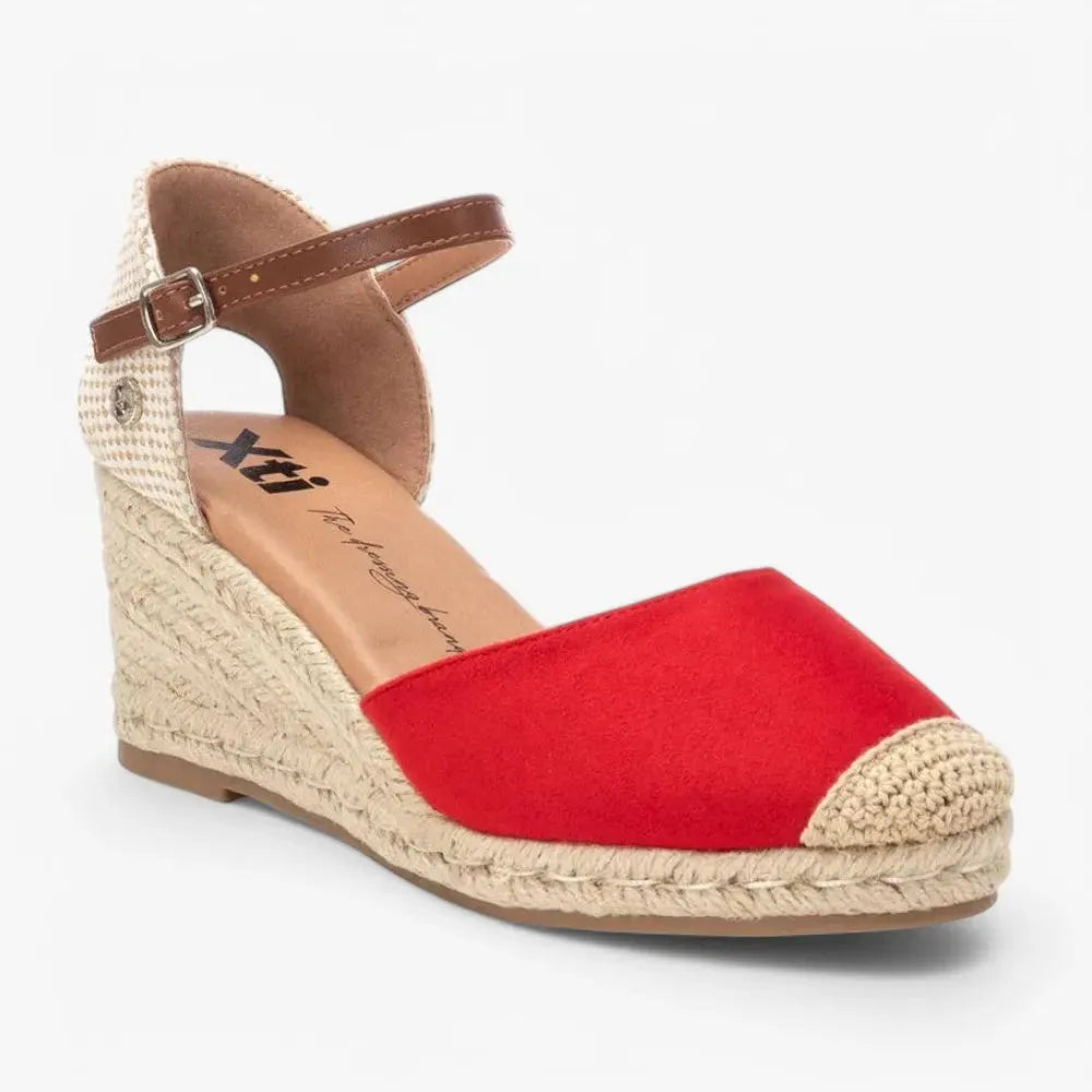 Xti Red Espadrille Wedges with Buckle Ankle Strap - Leavys Shoes