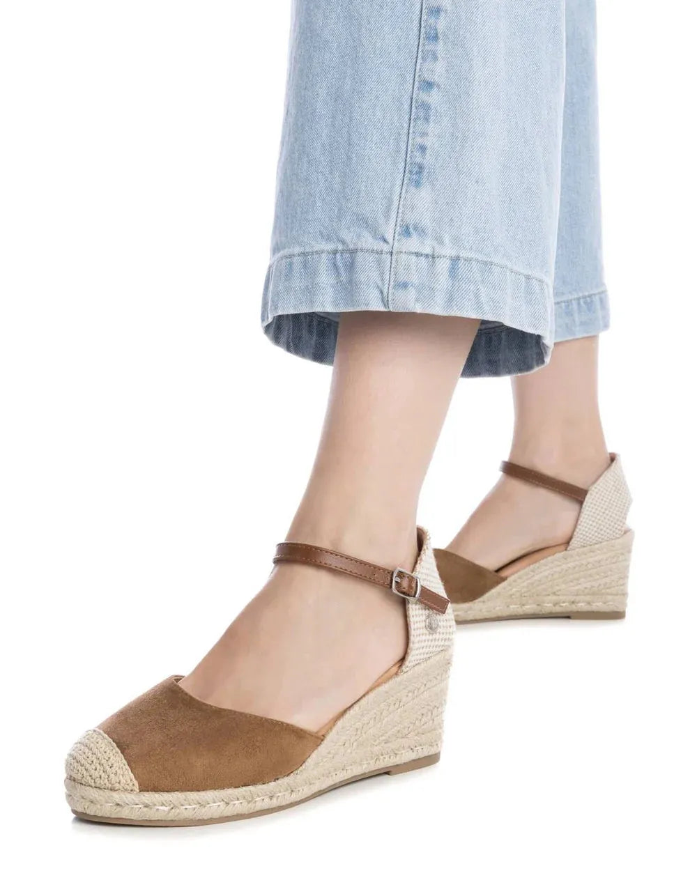 Xti Taupe Wedge Espadrilles with Buckle Strap - Leavys Shoes
