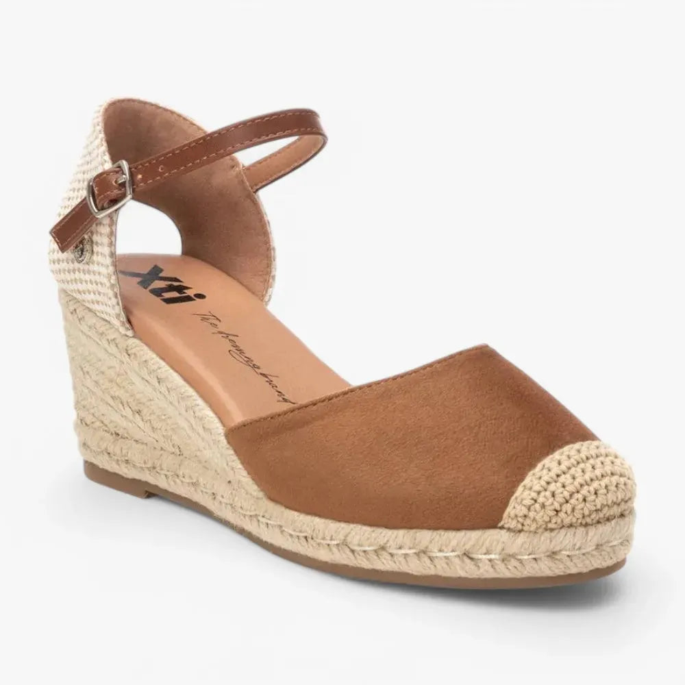 Xti Taupe Wedge Espadrilles with Buckle Strap - Leavys Shoes