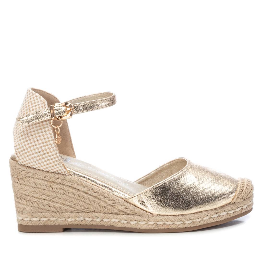 Front view of XTI Metallic Gold Vegan Espadrille Wedges, perfect for adding sparkle to your steps.