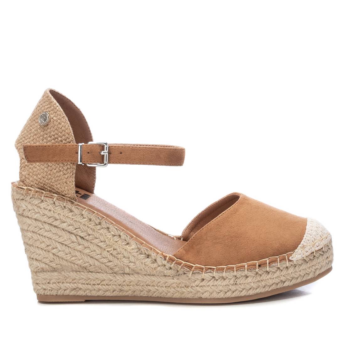     Front view of XTI Camel Faux Suede Espadrille Wedge Sandals, perfect for summer.