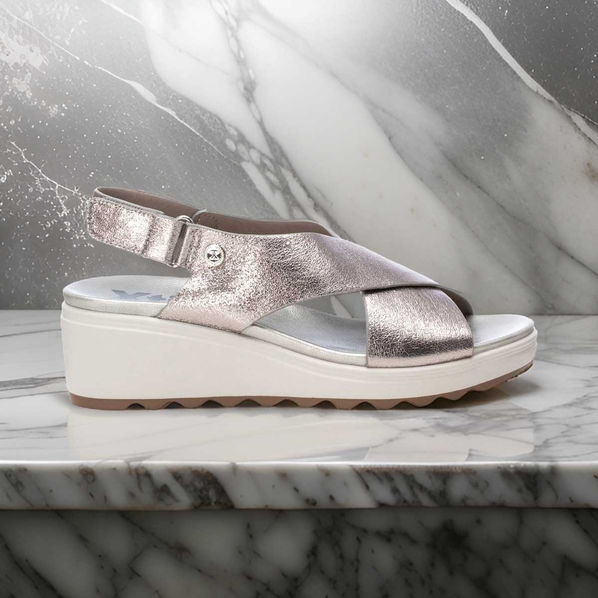 XTI Metallic Silver Vegan Cross-Strap Sandals with Velcro Slingback