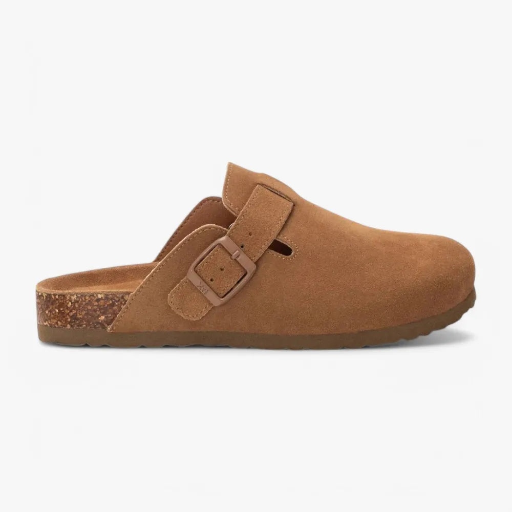 Xti Camel Suede Clog Slip-Ons with Cork Footbed